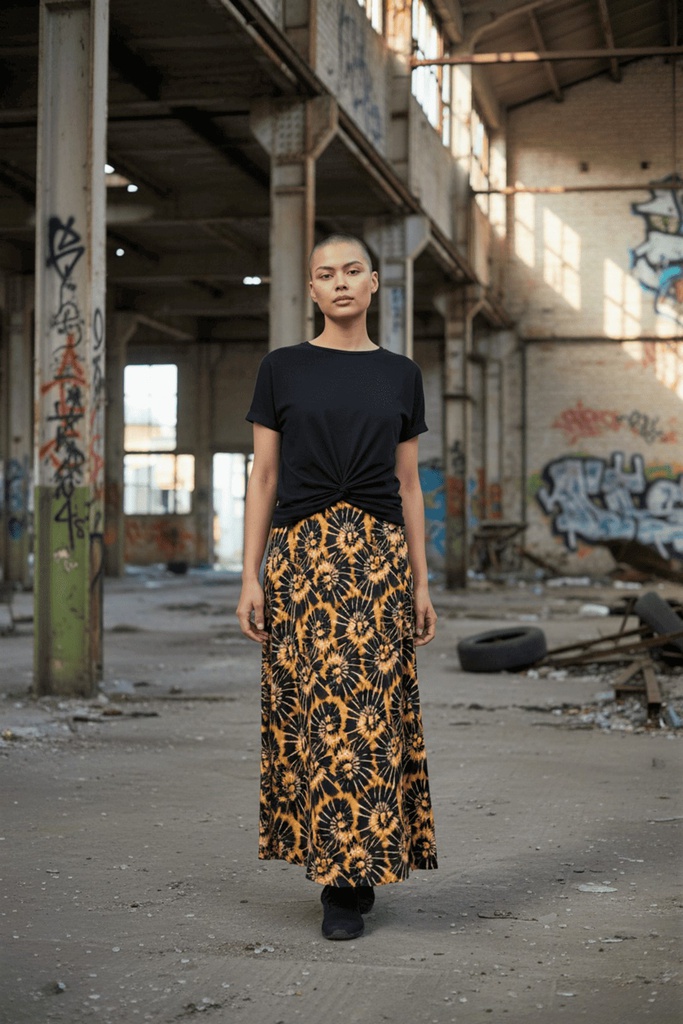 Falda Isfahán tye dye negro y mostaza