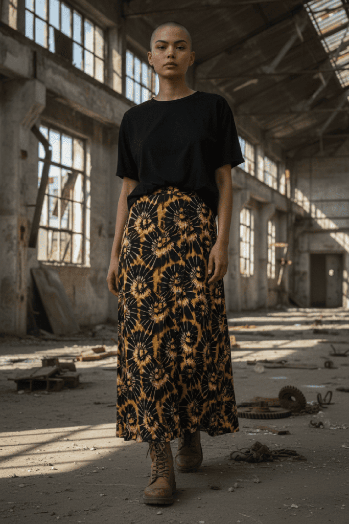 Falda Isfahán tye dye negro y mostaza