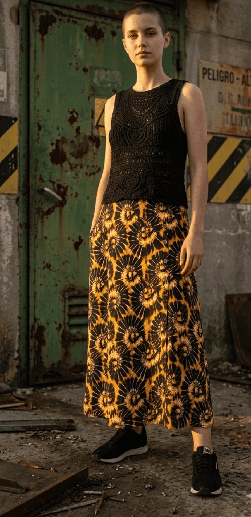 Falda Isfahán amonites negro y mostaza